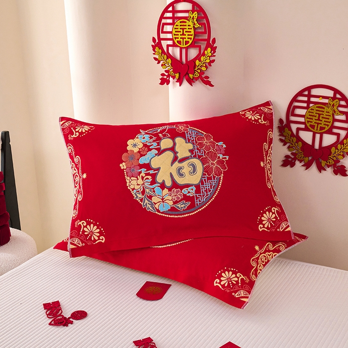 91家纺网 家纺一手货源 找家纺 悦然毛巾被 2025新款全棉三层纱大红枕巾 福映1