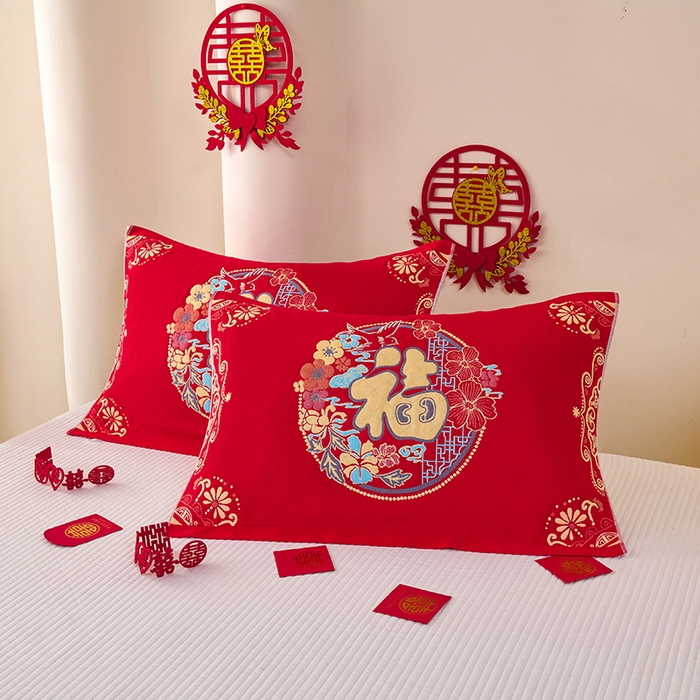 91家纺网 家纺一手货源 找家纺 悦然毛巾被 2025新款全棉三层纱大红枕巾 福映1