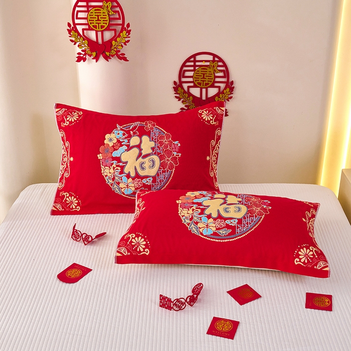 91家纺网 家纺一手货源 找家纺 悦然毛巾被 2025新款全棉三层纱大红枕巾 福映1