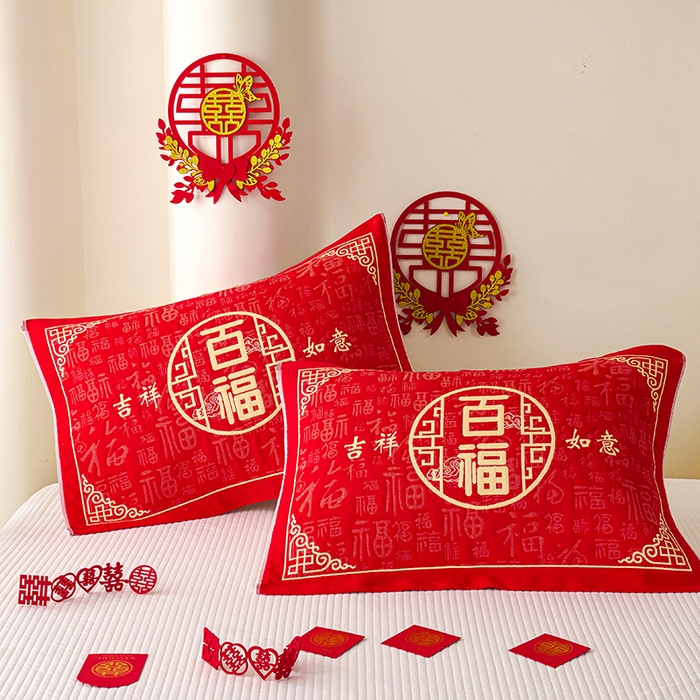 91家纺网 家纺一手货源 找家纺 悦然毛巾被 2025新款全棉三层纱大红枕巾 祥福