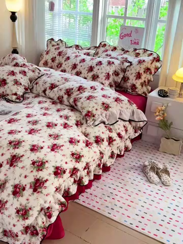 91家纺网 家纺一手货源 找家纺 梦莱斯 2025新款加厚保暖双面牛奶绒四件套-黑色花边款 玫瑰之约 - 白