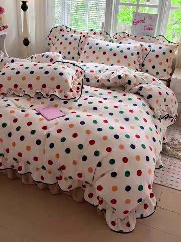 91家纺网 家纺一手货源 找家纺 梦莱斯 2025新款加厚保暖双面牛奶绒四件套-黑色花边款 彩虹波点