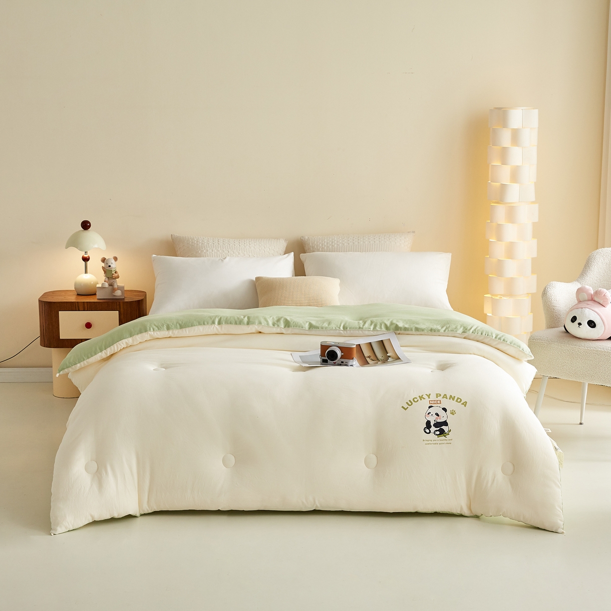 91家纺网 家纺一手货源 找家纺 帕芬鸟家纺 2025新款熊猫糯糯被子被芯 熊猫-米拼绿