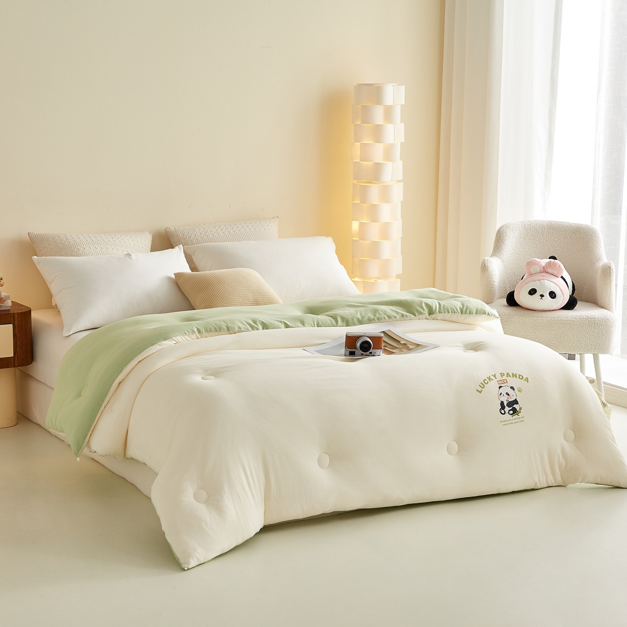 91家纺网 家纺一手货源 找家纺 帕芬鸟家纺 2025新款熊猫糯糯被子被芯 熊猫-米拼绿