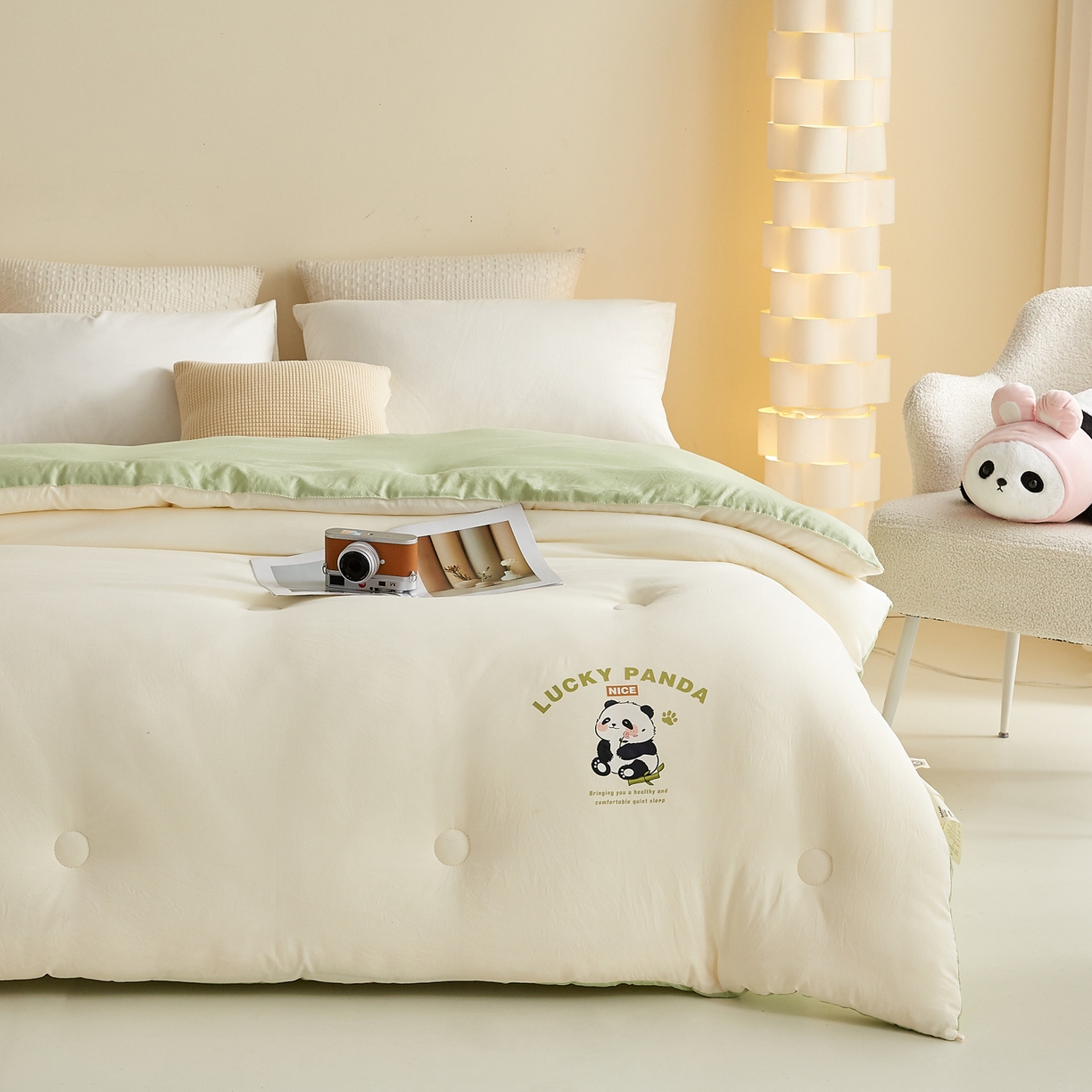 91家纺网 家纺一手货源 找家纺 帕芬鸟家纺 2025新款熊猫糯糯被子被芯 熊猫-米拼绿