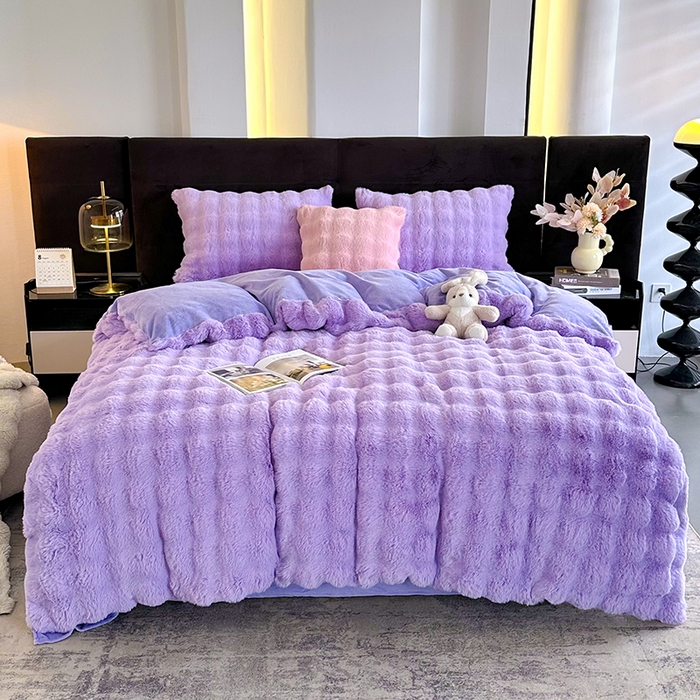 91家纺网 家纺一手货源 找家纺 无瑕家居 2025新款兔兔绒印花四件套 丁香紫