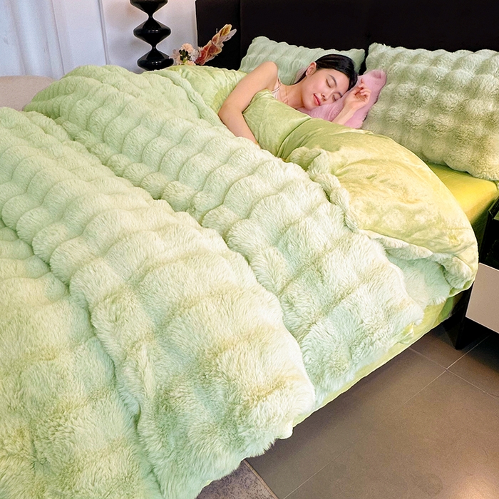 无瑕家居 青青绿0青青绿5新款兔兔绒印花四件套 青青绿