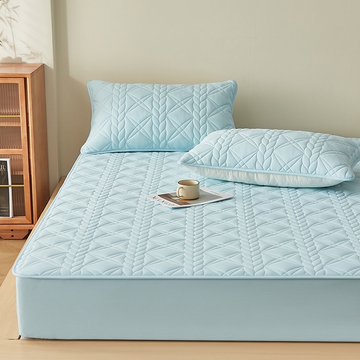 91家纺网 家纺一手货源 找家纺 盛眠家纺 2025新款桑蚕丝蛋白夹棉床笠-叶韵 叶韵 蓝色