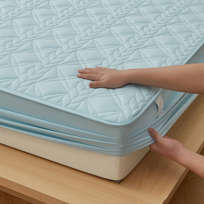 91家纺网 家纺一手货源 找家纺 盛眠家纺 2025新款桑蚕丝蛋白夹棉床笠-叶韵 叶韵 蓝色