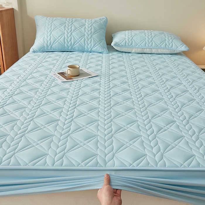 91家纺网 家纺一手货源 找家纺 盛眠家纺 2025新款桑蚕丝蛋白夹棉床笠-叶韵 叶韵 蓝色