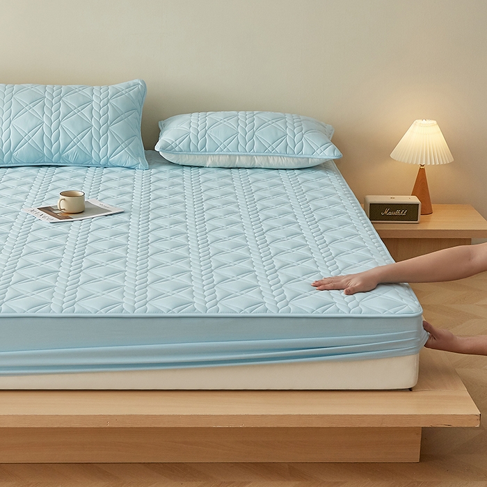 91家纺网 家纺一手货源 找家纺 盛眠家纺 2025新款桑蚕丝蛋白夹棉床笠-叶韵 叶韵 蓝色