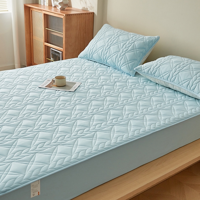 91家纺网 家纺一手货源 找家纺 盛眠家纺 2025新款桑蚕丝蛋白夹棉床笠-叶韵 叶韵 蓝色