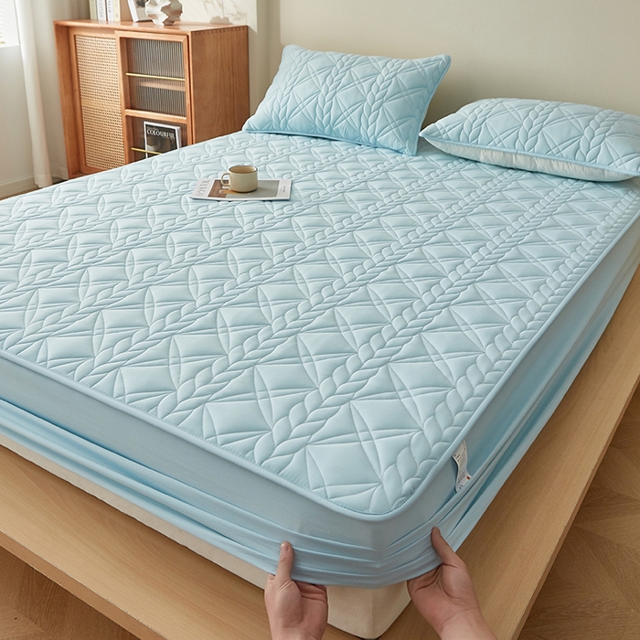 91家纺网 家纺一手货源 找家纺 盛眠家纺 2025新款桑蚕丝蛋白夹棉床笠-叶韵 叶韵 蓝色