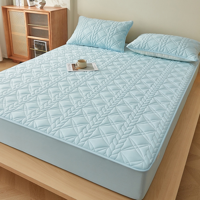 91家纺网 家纺一手货源 找家纺 盛眠家纺 2025新款桑蚕丝蛋白夹棉床笠-叶韵 叶韵 蓝色