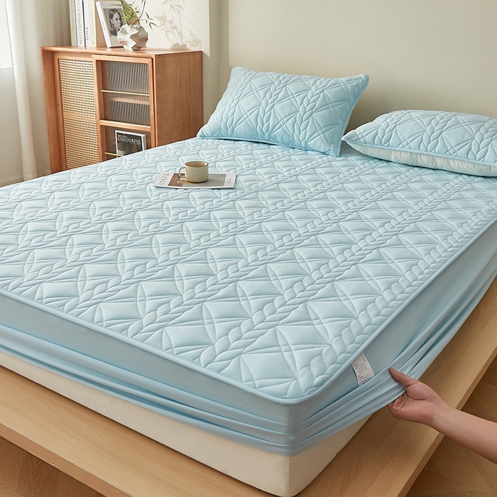 91家纺网 家纺一手货源 找家纺 盛眠家纺 2025新款桑蚕丝蛋白夹棉床笠-叶韵 叶韵 蓝色