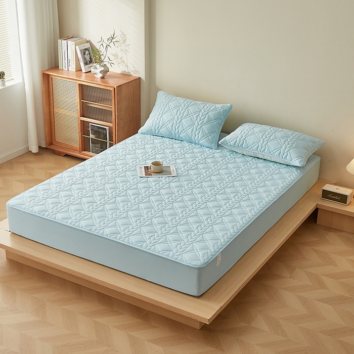 91家纺网 家纺一手货源 找家纺 盛眠家纺 2025新款桑蚕丝蛋白夹棉床笠-叶韵 叶韵 蓝色