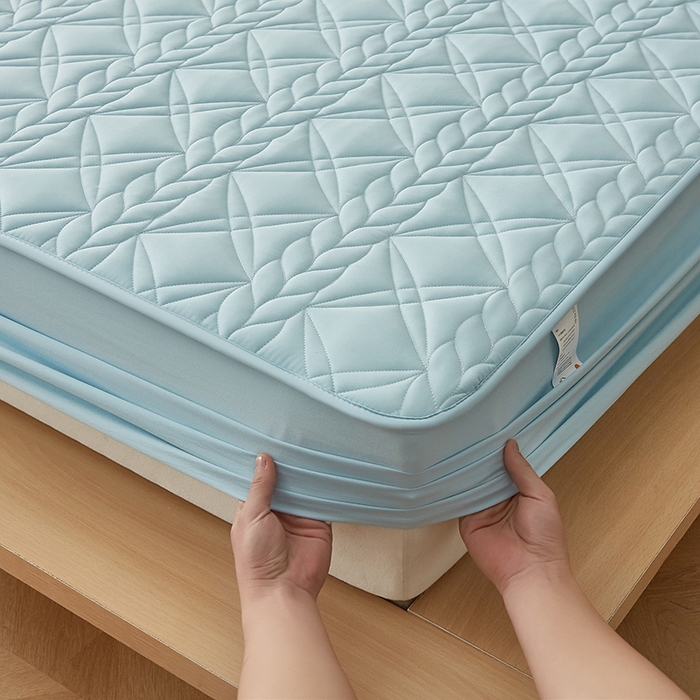 91家纺网 家纺一手货源 找家纺 盛眠家纺 2025新款桑蚕丝蛋白夹棉床笠-叶韵 叶韵 蓝色