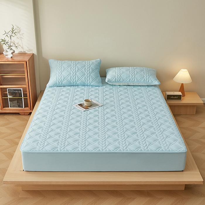 91家纺网 家纺一手货源 找家纺 盛眠家纺 2025新款桑蚕丝蛋白夹棉床笠-叶韵 叶韵 蓝色