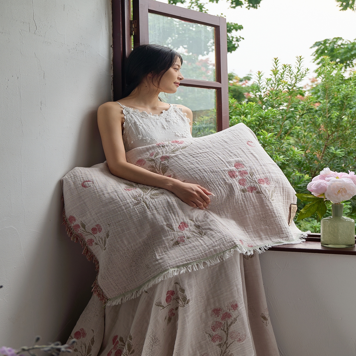 91家纺网 家纺一手货源 找家纺 （总）沐瑟家纺 2025新款四层纱布全棉流苏毯子纱布床盖毛巾被纯棉棉纱夏凉被午睡盖毯三件套