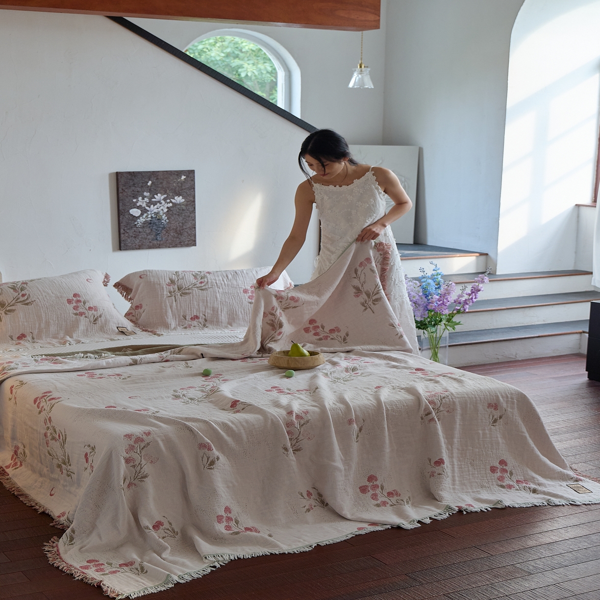 91家纺网 家纺一手货源 找家纺 （总）沐瑟家纺 2025新款四层纱布全棉流苏毯子纱布床盖毛巾被纯棉棉纱夏凉被午睡盖毯三件套