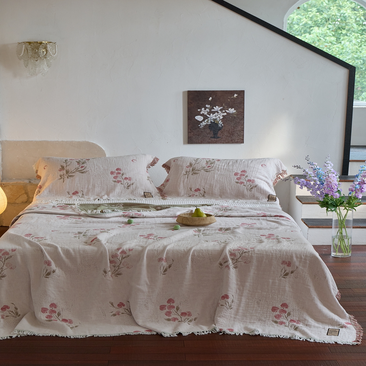 91家纺网 家纺一手货源 找家纺 沐瑟家纺 2025新款四层纱布全棉流苏毯子纱布床盖毛巾被纯棉棉纱夏凉被午睡盖毯三件套 白芷