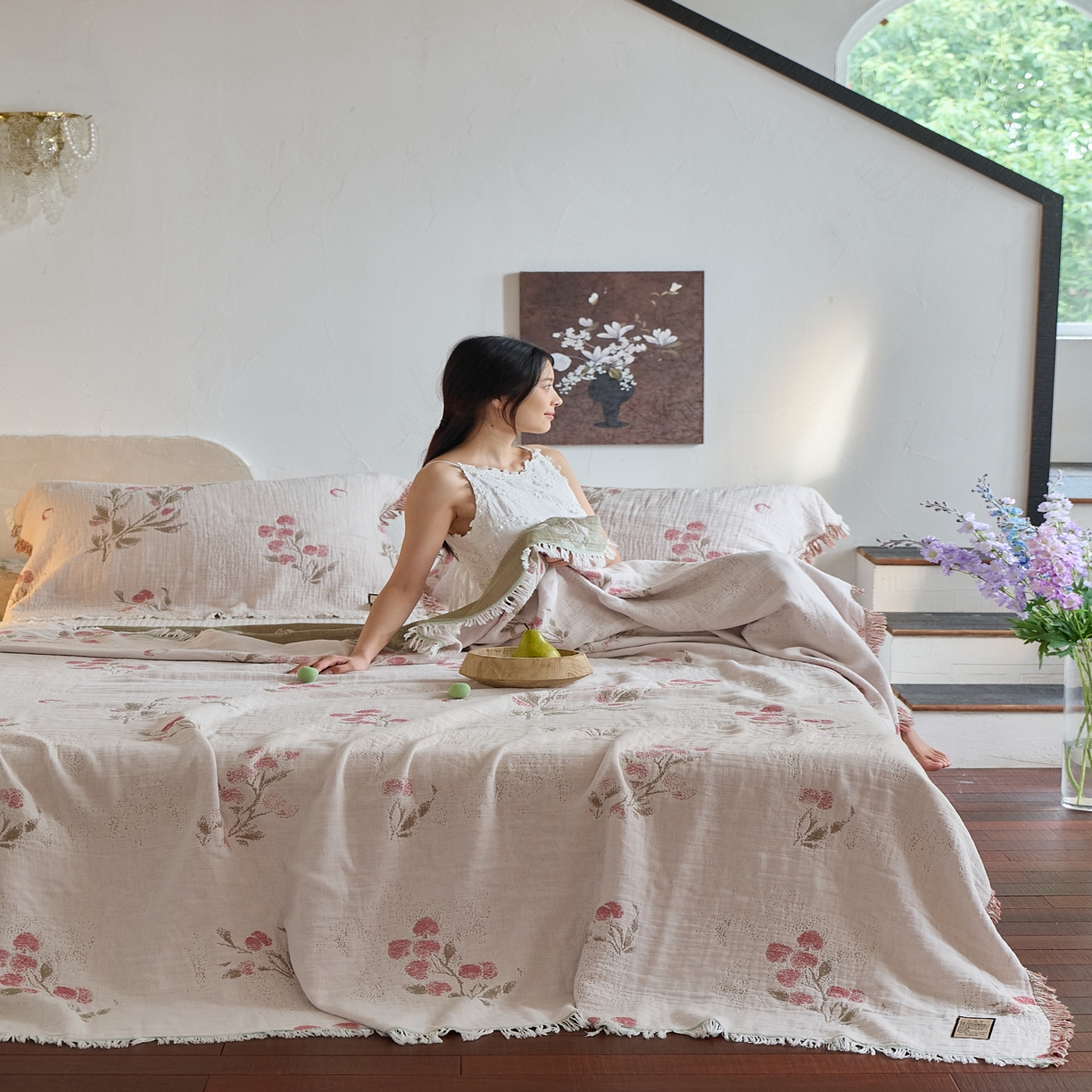 91家纺网 家纺一手货源 找家纺 沐瑟家纺 2025新款四层纱布全棉流苏毯子纱布床盖毛巾被纯棉棉纱夏凉被午睡盖毯三件套 白芷