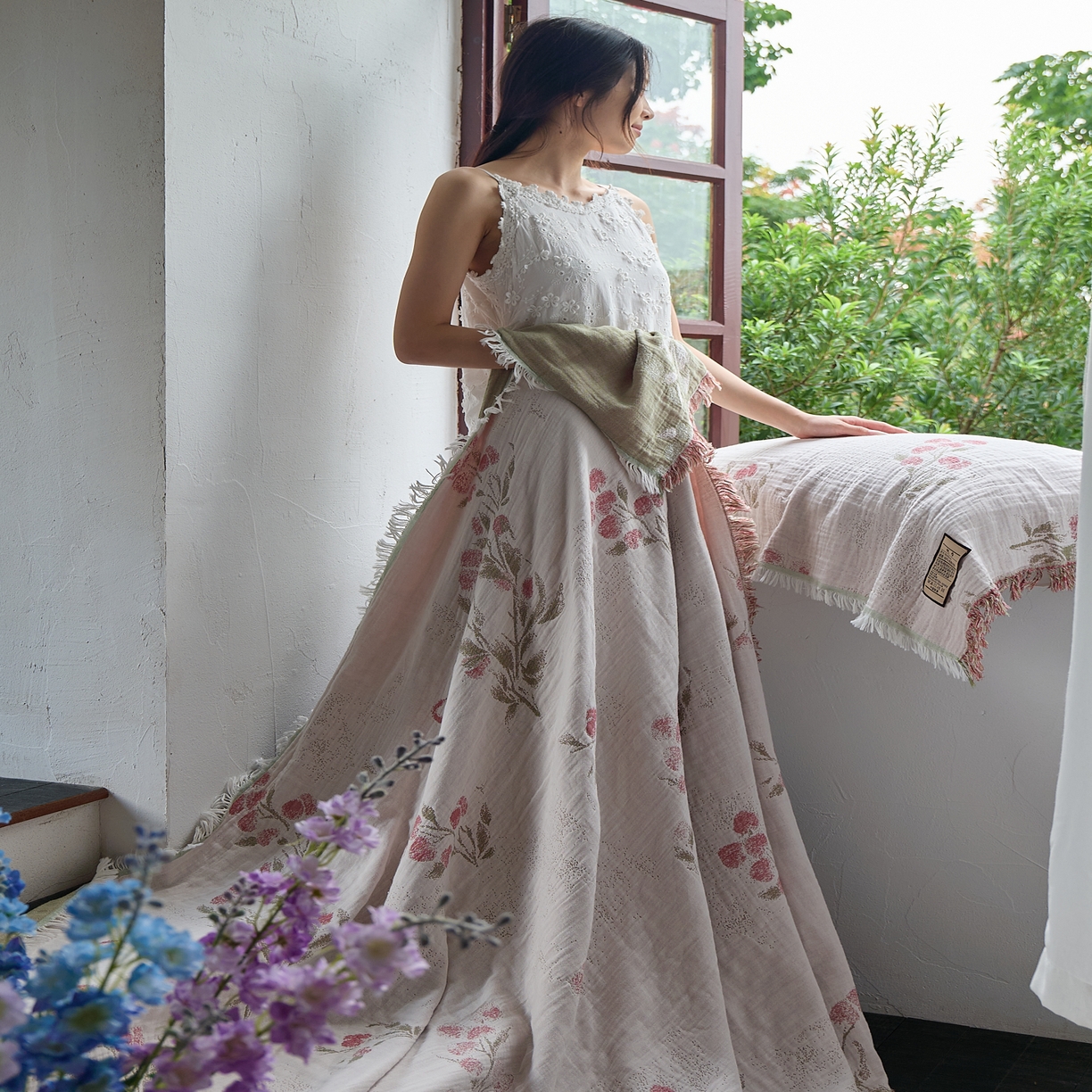 91家纺网 家纺一手货源 找家纺 沐瑟家纺 2025新款四层纱布全棉流苏毯子纱布床盖毛巾被纯棉棉纱夏凉被午睡盖毯三件套 白芷