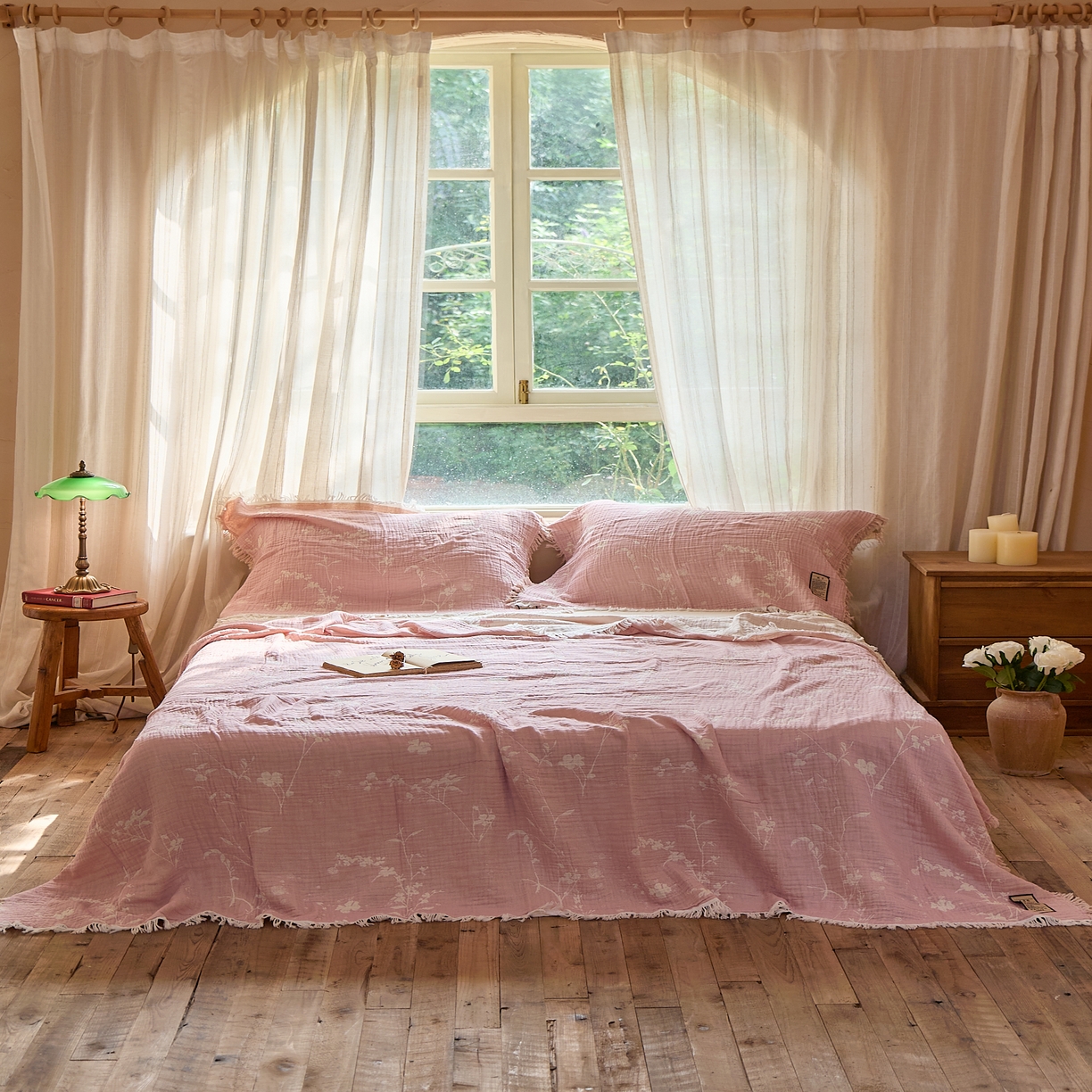 91家纺网 家纺一手货源 找家纺 沐瑟家纺 2025新款四层纱布全棉流苏毯子纱布床盖毛巾被纯棉棉纱夏凉被午睡盖毯三件套 粉黛