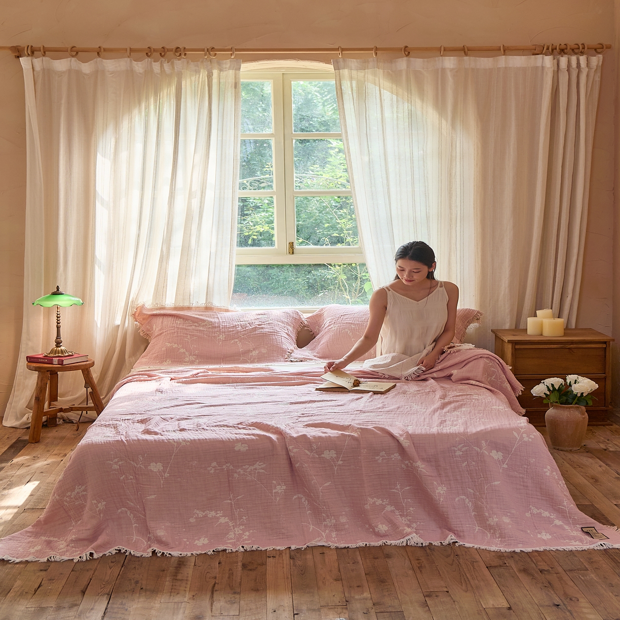91家纺网 家纺一手货源 找家纺 沐瑟家纺 2025新款四层纱布全棉流苏毯子纱布床盖毛巾被纯棉棉纱夏凉被午睡盖毯三件套 粉黛