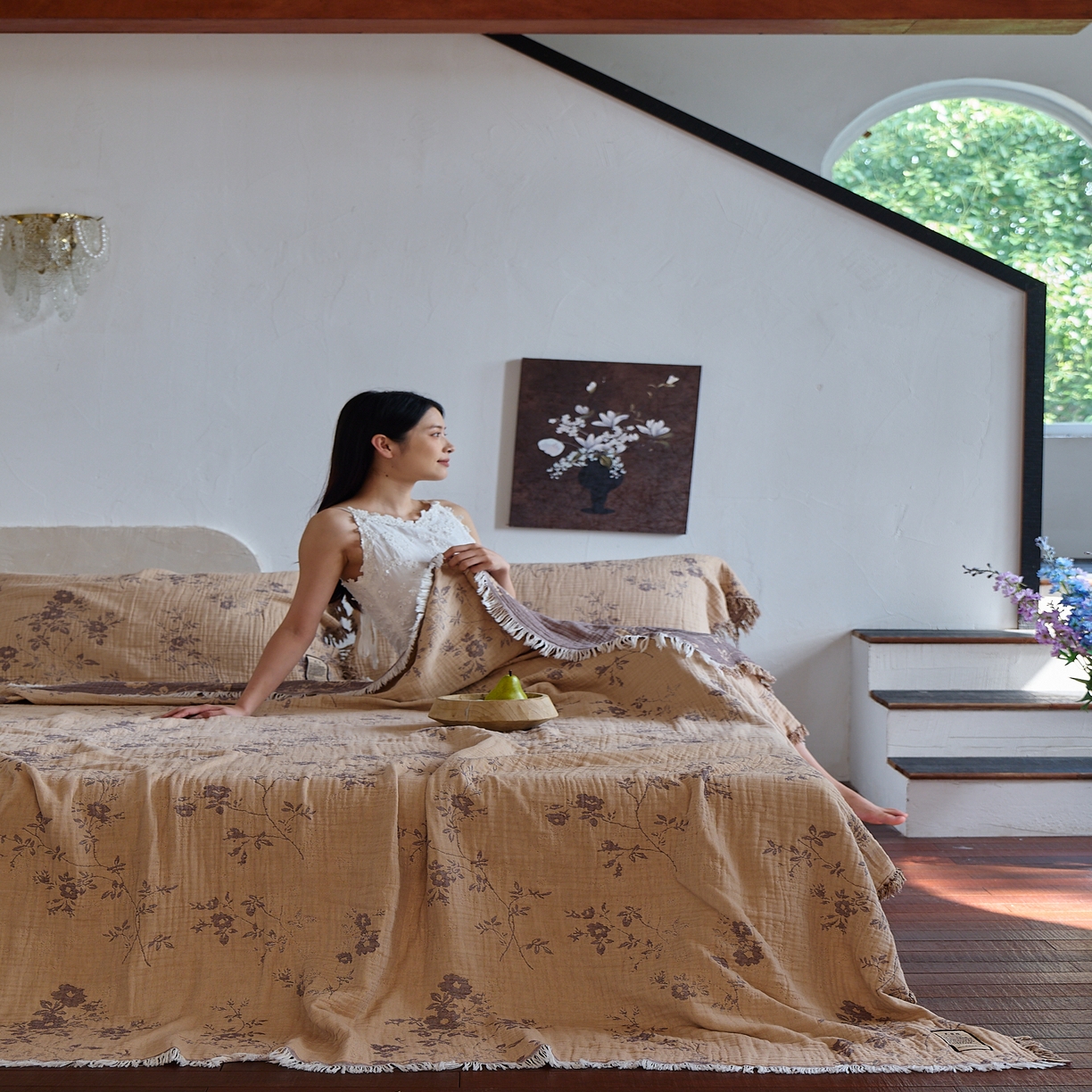 91家纺网 家纺一手货源 找家纺 沐瑟家纺 2025新款四层纱布全棉流苏毯子纱布床盖毛巾被纯棉棉纱夏凉被午睡盖毯三件套 椛湉-咖色