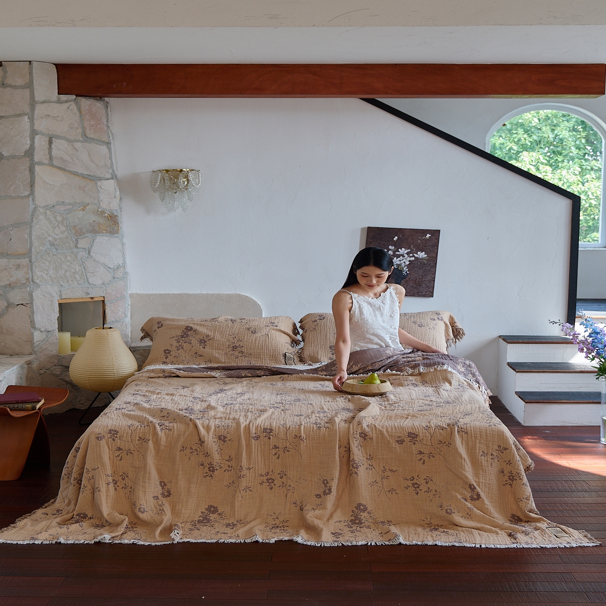 91家纺网 家纺一手货源 找家纺 沐瑟家纺 2025新款四层纱布全棉流苏毯子纱布床盖毛巾被纯棉棉纱夏凉被午睡盖毯三件套 椛湉-咖色