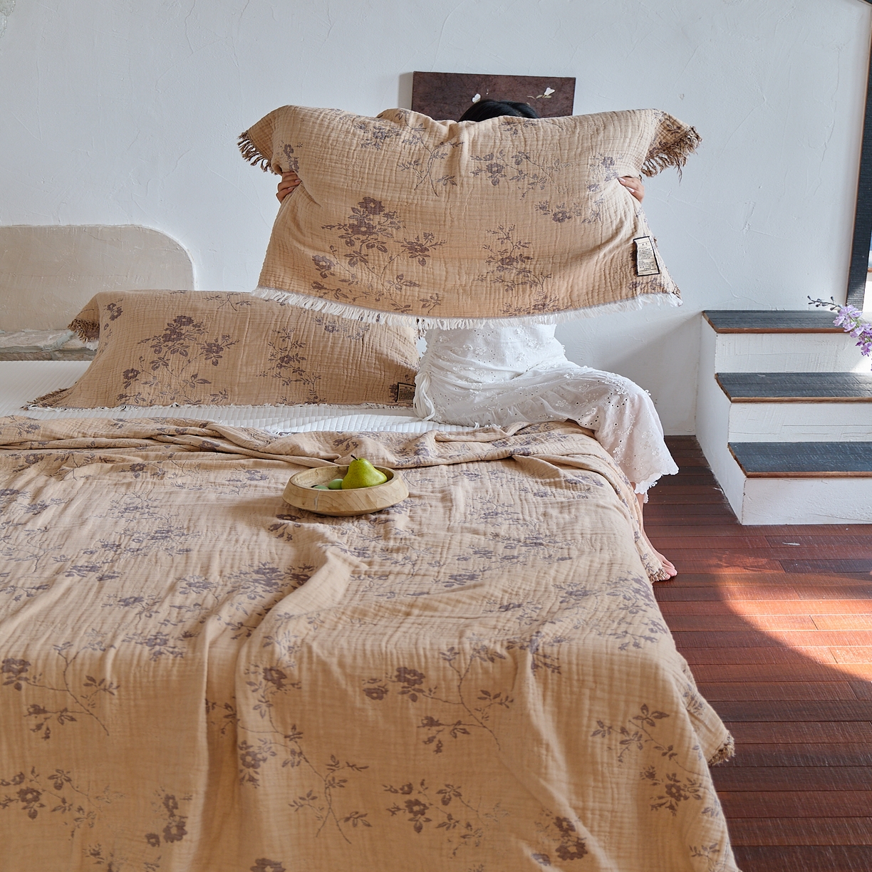 91家纺网 家纺一手货源 找家纺 沐瑟家纺 2025新款四层纱布全棉流苏毯子纱布床盖毛巾被纯棉棉纱夏凉被午睡盖毯三件套 椛湉-咖色