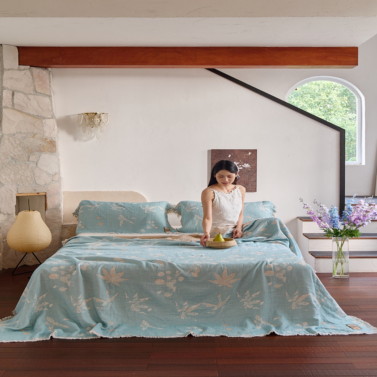 91家纺网 家纺一手货源 找家纺 沐瑟家纺 2025新款四层纱布全棉流苏毯子纱布床盖毛巾被纯棉棉纱夏凉被午睡盖毯三件套 蘭素