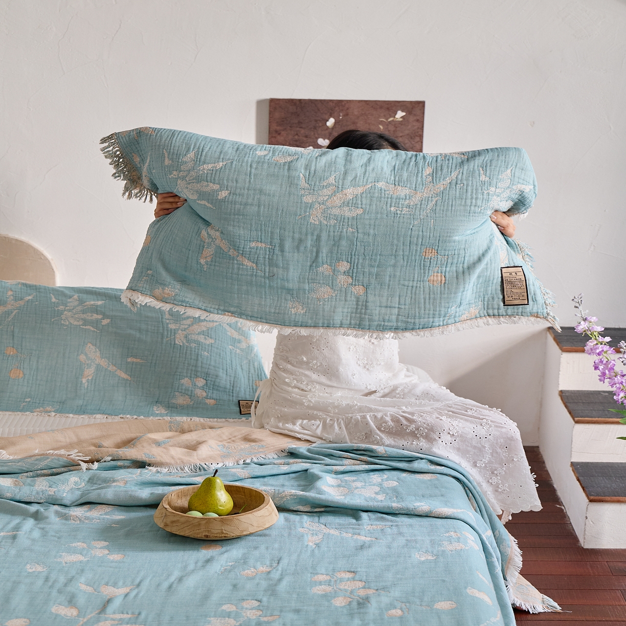 91家纺网 家纺一手货源 找家纺 沐瑟家纺 2025新款四层纱布全棉流苏毯子纱布床盖毛巾被纯棉棉纱夏凉被午睡盖毯三件套 蘭素