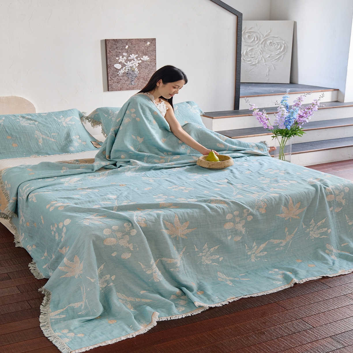 91家纺网 家纺一手货源 找家纺 沐瑟家纺 2025新款四层纱布全棉流苏毯子纱布床盖毛巾被纯棉棉纱夏凉被午睡盖毯三件套 蘭素