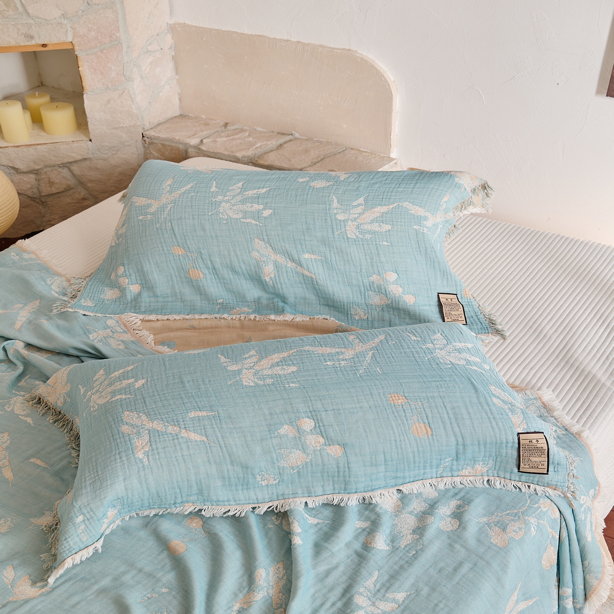 91家纺网 家纺一手货源 找家纺 沐瑟家纺 2025新款四层纱布全棉流苏毯子纱布床盖毛巾被纯棉棉纱夏凉被午睡盖毯三件套 蘭素