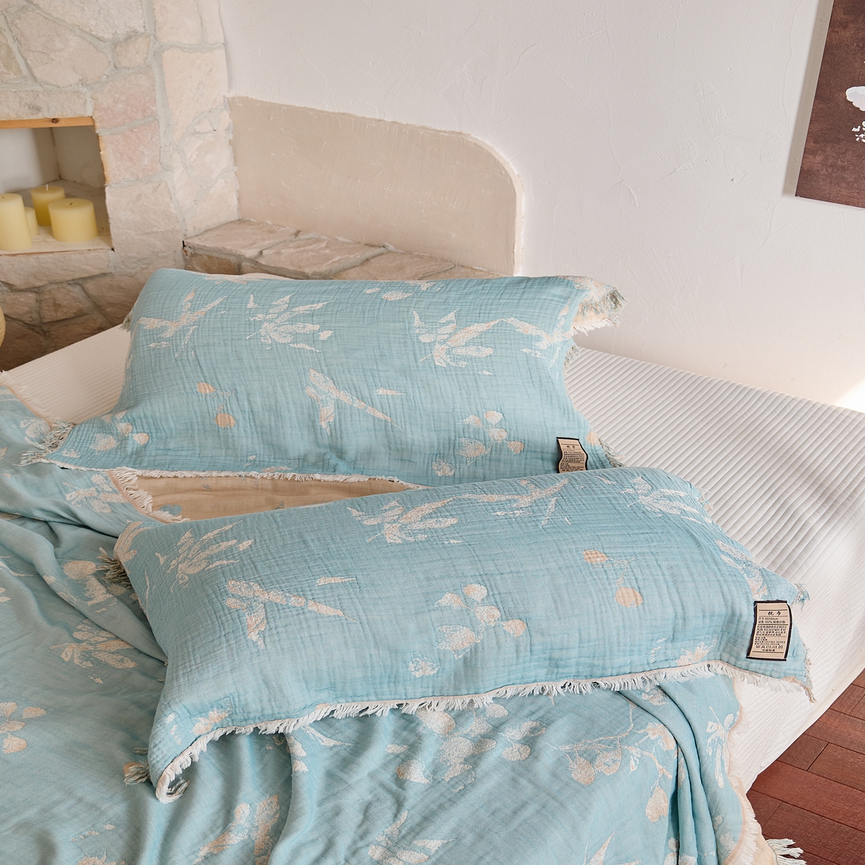 91家纺网 家纺一手货源 找家纺 沐瑟家纺 2025新款四层纱布全棉流苏毯子纱布床盖毛巾被纯棉棉纱夏凉被午睡盖毯三件套 蘭素