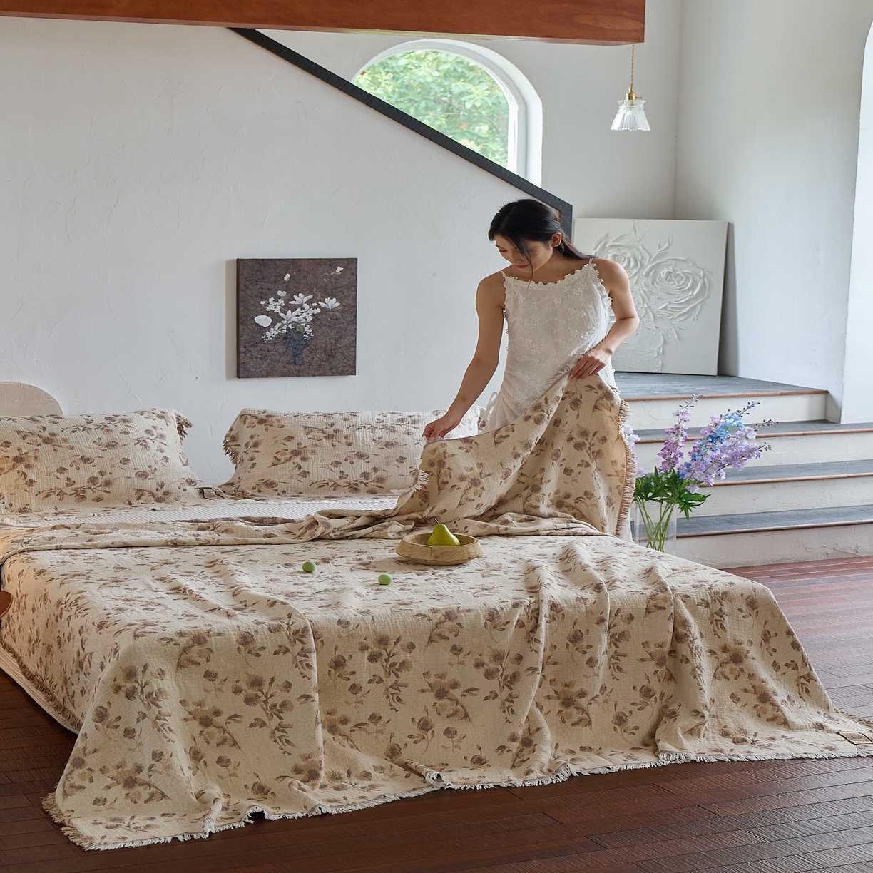 91家纺网 家纺一手货源 找家纺 沐瑟家纺 2025新款四层纱布全棉流苏毯子纱布床盖毛巾被纯棉棉纱夏凉被午睡盖毯三件套 洛颖