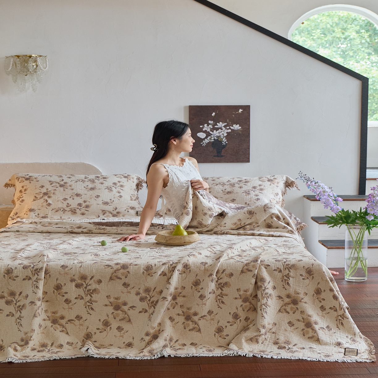 91家纺网 家纺一手货源 找家纺 沐瑟家纺 2025新款四层纱布全棉流苏毯子纱布床盖毛巾被纯棉棉纱夏凉被午睡盖毯三件套 洛颖