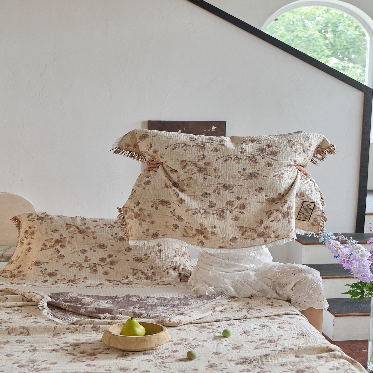 91家纺网 家纺一手货源 找家纺 沐瑟家纺 2025新款四层纱布全棉流苏毯子纱布床盖毛巾被纯棉棉纱夏凉被午睡盖毯三件套 洛颖