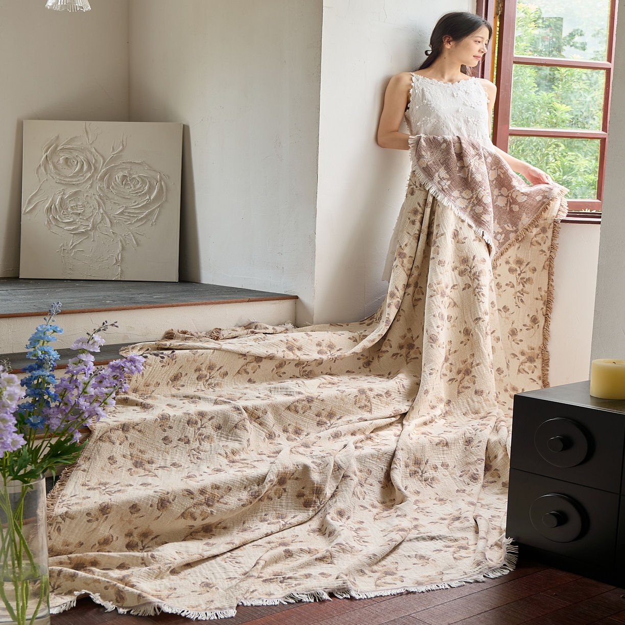 91家纺网 家纺一手货源 找家纺 沐瑟家纺 2025新款四层纱布全棉流苏毯子纱布床盖毛巾被纯棉棉纱夏凉被午睡盖毯三件套 洛颖