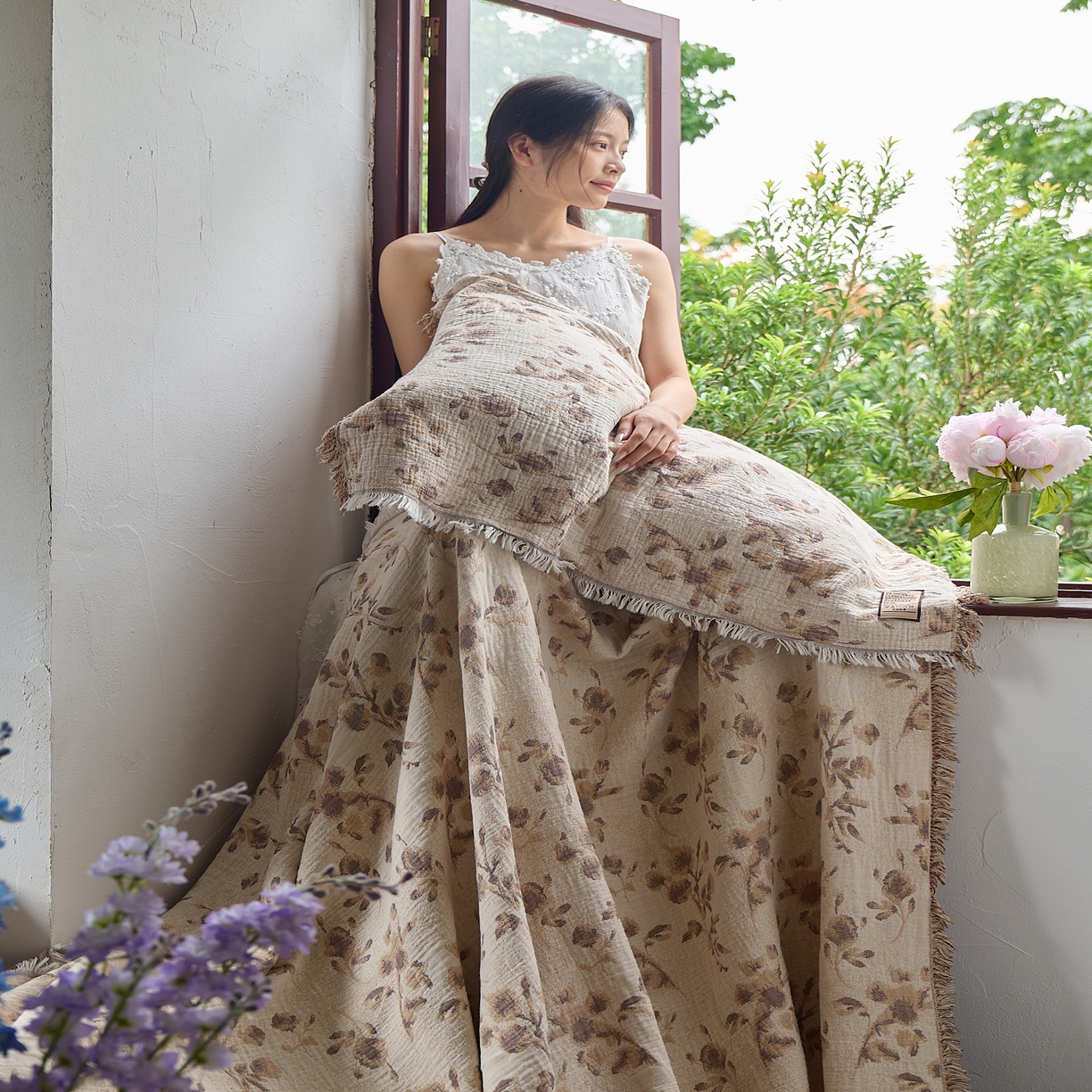 91家纺网 家纺一手货源 找家纺 沐瑟家纺 2025新款四层纱布全棉流苏毯子纱布床盖毛巾被纯棉棉纱夏凉被午睡盖毯三件套 洛颖