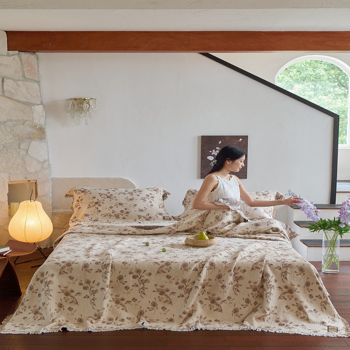 91家纺网 家纺一手货源 找家纺 沐瑟家纺 2025新款四层纱布全棉流苏毯子纱布床盖毛巾被纯棉棉纱夏凉被午睡盖毯三件套 洛颖