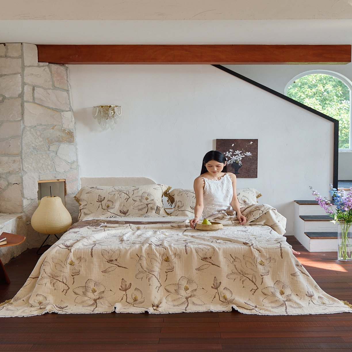 91家纺网 家纺一手货源 找家纺 沐瑟家纺 2025新款四层纱布全棉流苏毯子纱布床盖毛巾被纯棉棉纱夏凉被午睡盖毯三件套 木栀