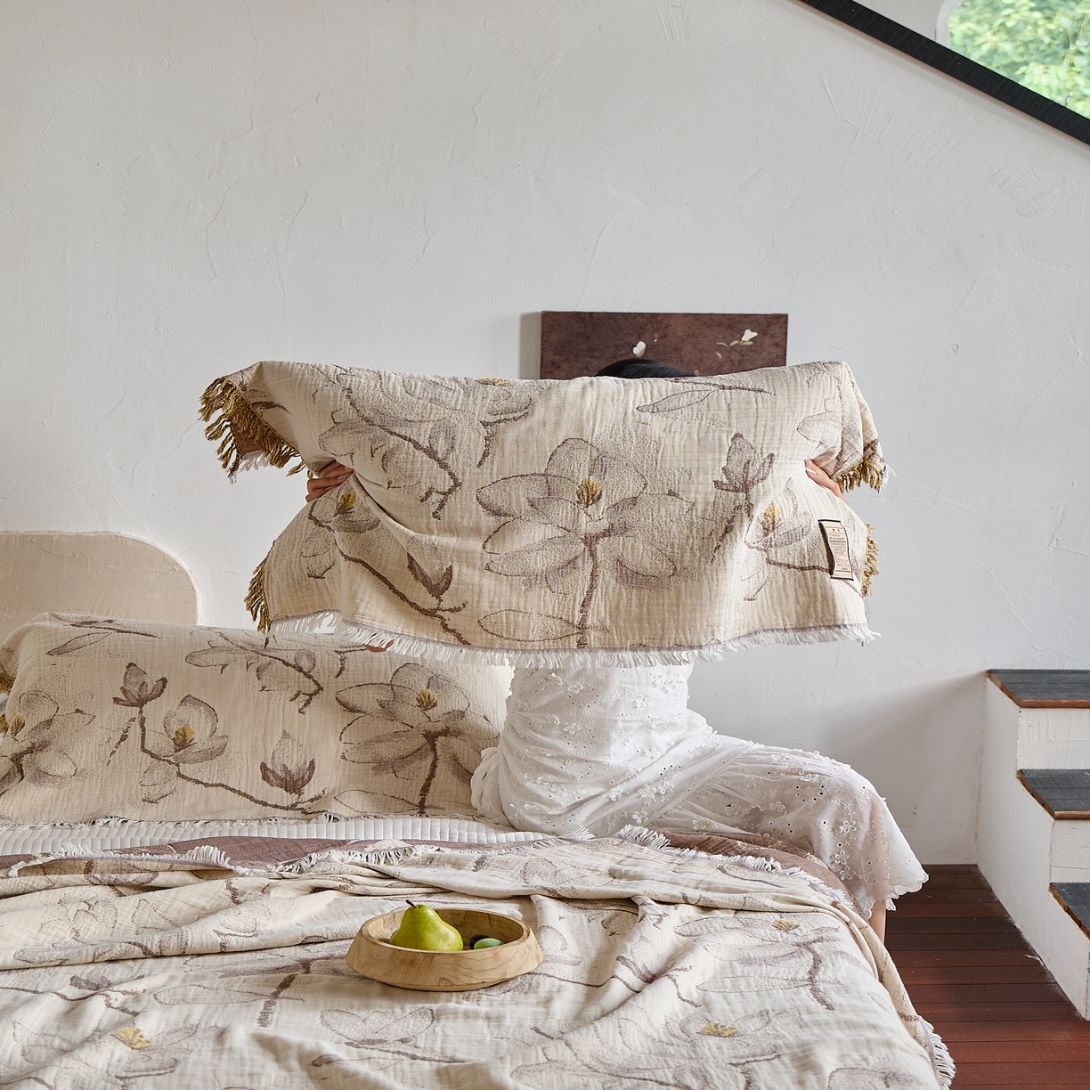 91家纺网 家纺一手货源 找家纺 沐瑟家纺 2025新款四层纱布全棉流苏毯子纱布床盖毛巾被纯棉棉纱夏凉被午睡盖毯三件套 木栀