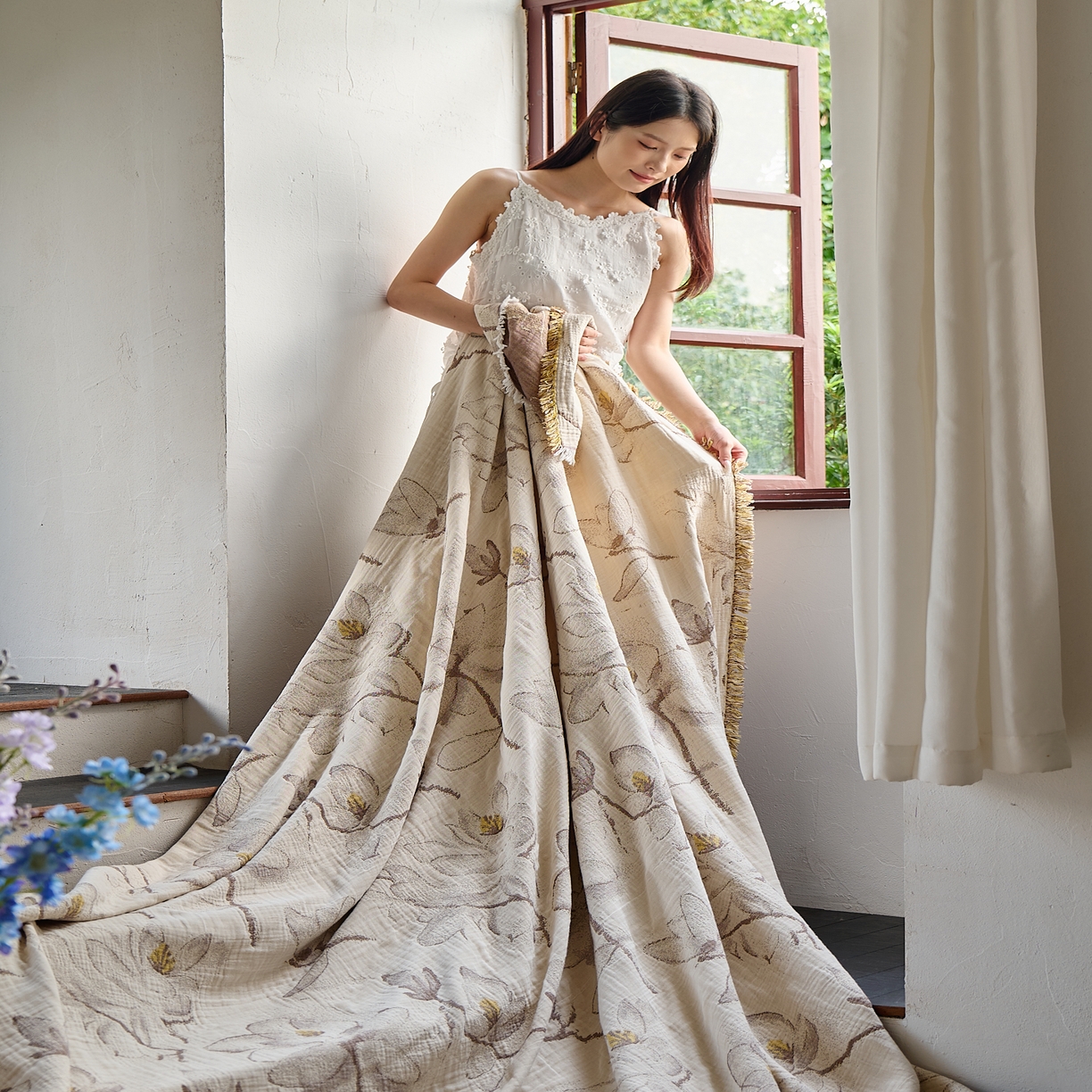 91家纺网 家纺一手货源 找家纺 沐瑟家纺 2025新款四层纱布全棉流苏毯子纱布床盖毛巾被纯棉棉纱夏凉被午睡盖毯三件套 木栀