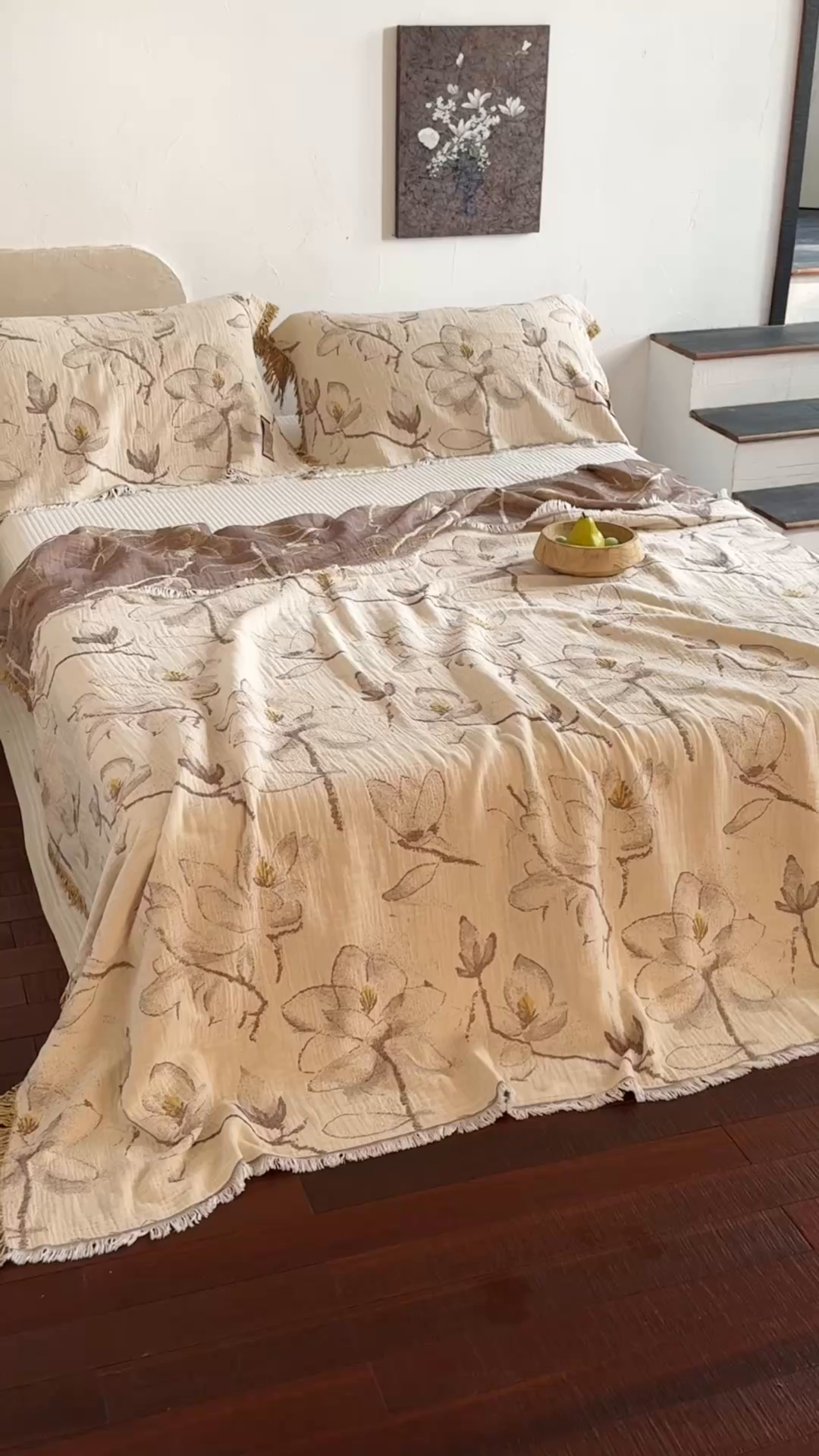 91家纺网 家纺一手货源 找家纺 沐瑟家纺 2025新款四层纱布全棉流苏毯子纱布床盖毛巾被纯棉棉纱夏凉被午睡盖毯三件套 木栀