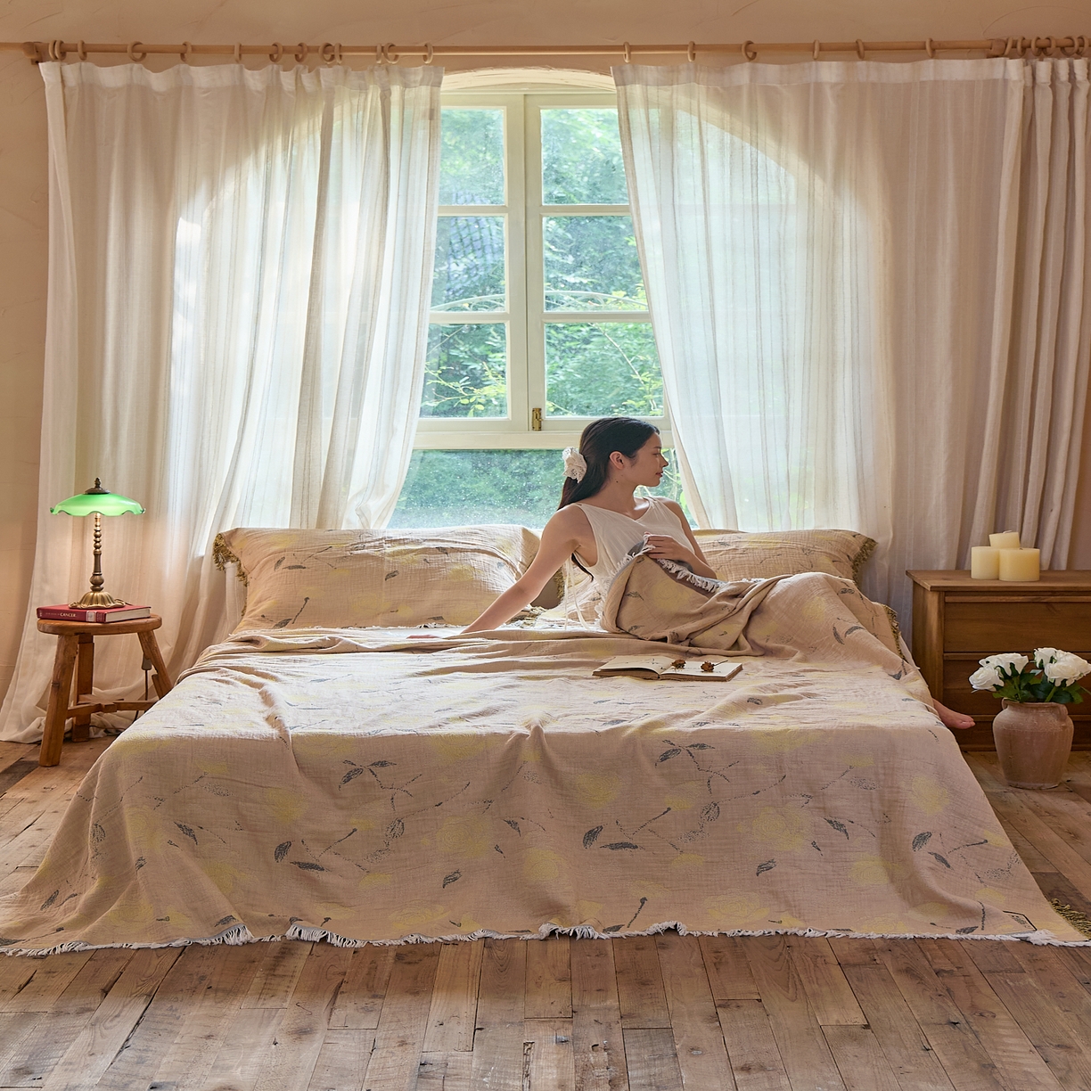 91家纺网 家纺一手货源 找家纺 沐瑟家纺 2025新款四层纱布全棉流苏毯子纱布床盖毛巾被纯棉棉纱夏凉被午睡盖毯三件套 柠染