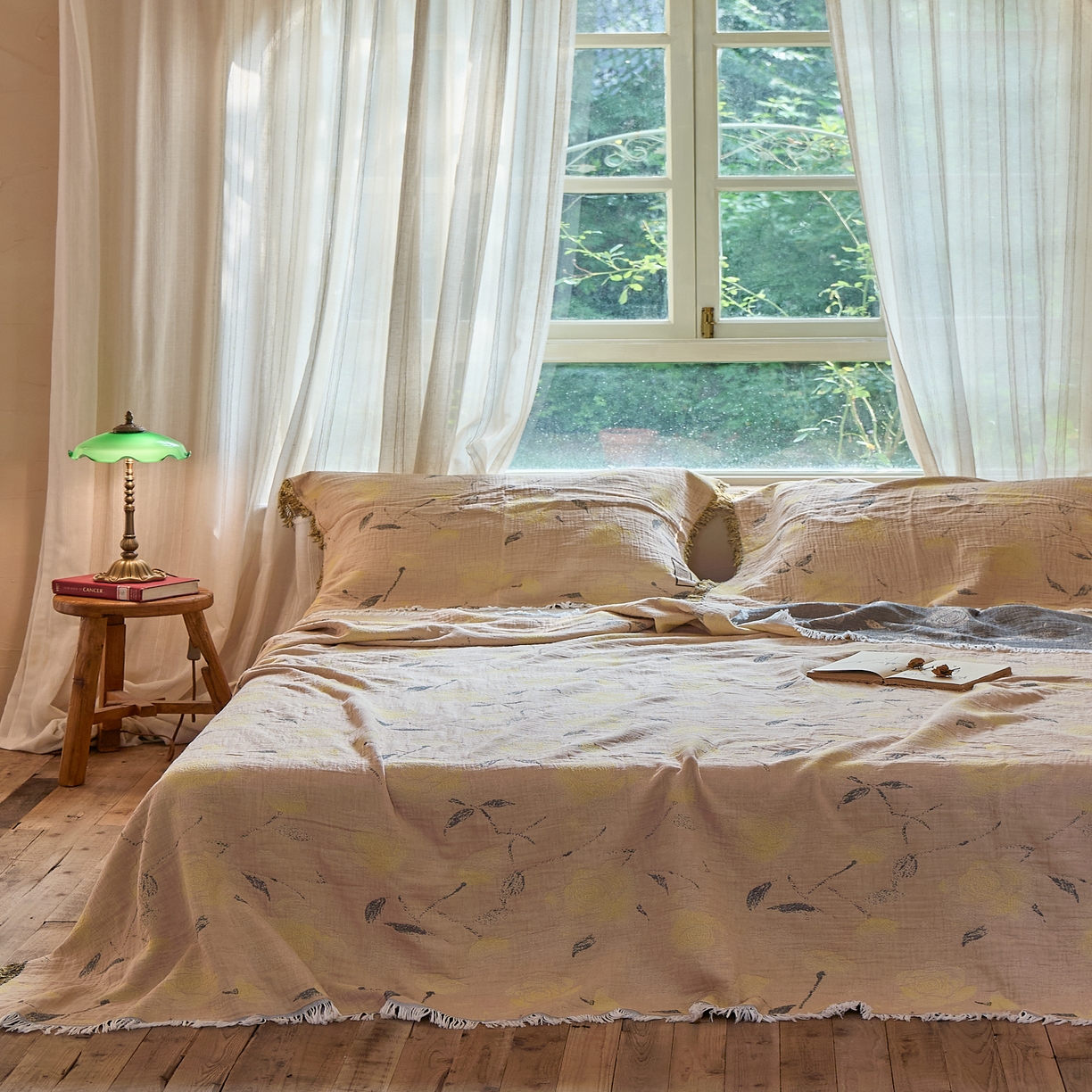 91家纺网 家纺一手货源 找家纺 沐瑟家纺 2025新款四层纱布全棉流苏毯子纱布床盖毛巾被纯棉棉纱夏凉被午睡盖毯三件套 柠染