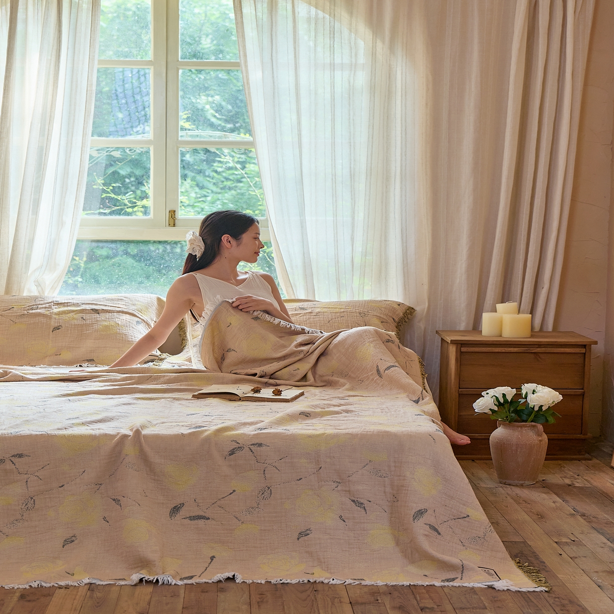 91家纺网 家纺一手货源 找家纺 沐瑟家纺 2025新款四层纱布全棉流苏毯子纱布床盖毛巾被纯棉棉纱夏凉被午睡盖毯三件套 柠染